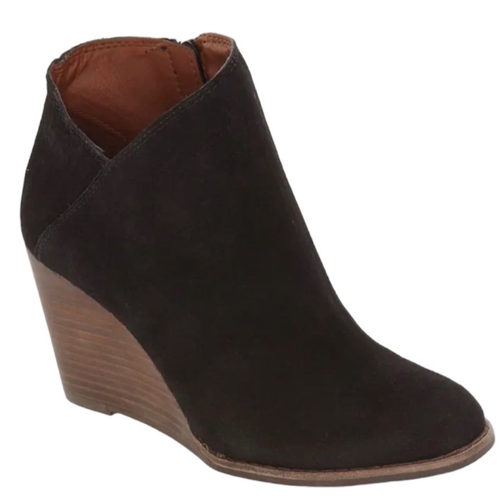 Women’s Lucky Brand Yakeena Black Suede Leather Wedge Bootie Size 8.5 M GREAT!